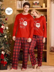 CoupledUp Bộ đồ ngủ nam tay dài họa tiết kẻ caro màu tương phản hình ông già Noel Giáng sinh Bộ đồ ngủ đôi màu đỏ Bộ đồ ngủ Giáng sinh Quần áo Giáng sinh cho mùa đông - Nhiều màu - Xem 3