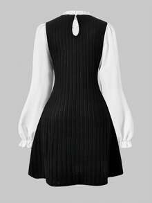 SHEIN ChillGRL 女式荷叶边领泡泡袖拼接休闲迷你连衣裙 - 黑與白 - 查看 5