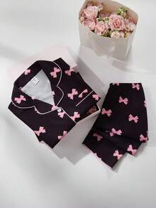 SHEIN Genkimix Kids Tween Girls' Apricot Cute Cherry Print Long Pants And Short Sleeve Casual Loose 2 Pieces Pajama Set - Black - View 4