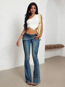 SHEIN Tall 休闲水洗低腰修身喇叭牛仔裤 - 深色水洗藍 - 查看 4