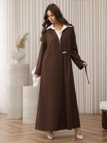 Al Najma 女式复古卡其色二合一衬衫领风衣，长款系带腰部修身及膝外套