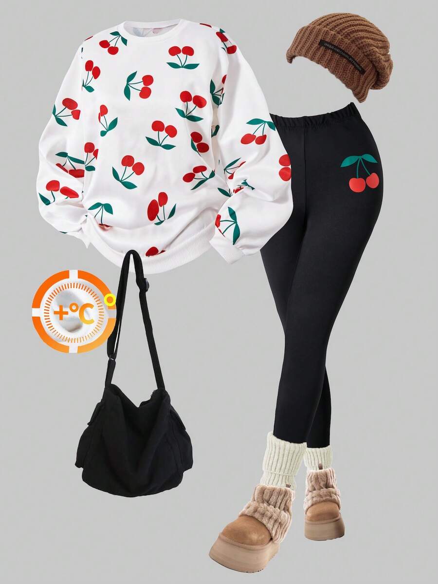 SHEIN ChillGRL Teen Girls Sweatsuit Set, White Digital Print & Black Bow Crew Neck Sweatshirt, Black Skinny Pants, Comfortable Fitted - Multicolor - View 1