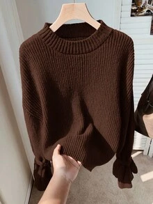 Comfortcana 棕色针织袖口系带宽松套头衫，秋冬新品 - 棕色 - 查看 5
