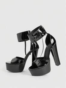 CUCCOO LuxiPop Women's Outdoor Round Toe Thick High Heel Waterproof Platform Shoes, Black PU Glossy Material With Bow Decor, Fashion Minimalist Comfortable For Daily, Party, Banquet, Hook And Loop Sandals - Black - View 7