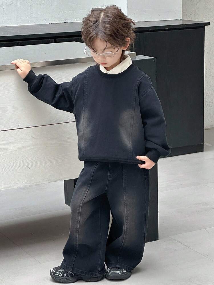 Young Boys Dark Grey Denim Two-Piece Outfit Long Sleeve Regular Fit Set