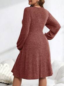 EMERY ROSE Plus Size Women's Lantern Sleeve Textured Button Decor Midi Dress,Fall Women Clothes New Year Clothes  Clothes For New Year Christmas Clothes  Party Dress Winter Clothes For Women Cozy Fall And Winter Clothes For Women