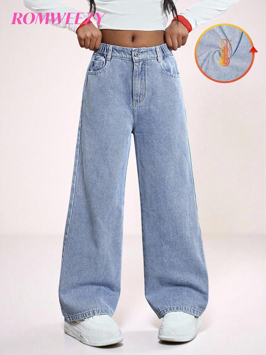 SHEIN Sparklyn Tween-Mädchen Hellblaue Jeans mit weitem Bein, Washed, süß und lässig, empfohlen! Hellblauer Washed Denim-Stoff, elastischer Bund mit hoher Taille und echtem Reißverschluss-Design für einfaches Tragen, lockerer gerader Beinschnitt für mehr Komfort - Helle Waschung - Übersicht 1