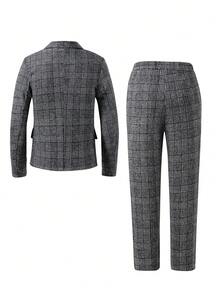 SHEIN 2pcs/Set Teen Boy Gentleman Outfit - Gray Patterned Wool-Blend Slim Fit Single-Breasted Blazer + Gray Patterned Wool-Blend Dress Pants. Elegant, Casual Outdoor Formal Suit Suitable For Birthday Party, Gala, Performance, Hosting, Wedding Season (Birthday, Wedding, Wedding Guest, Pageboy, Ring Boy) - Grey - View 2