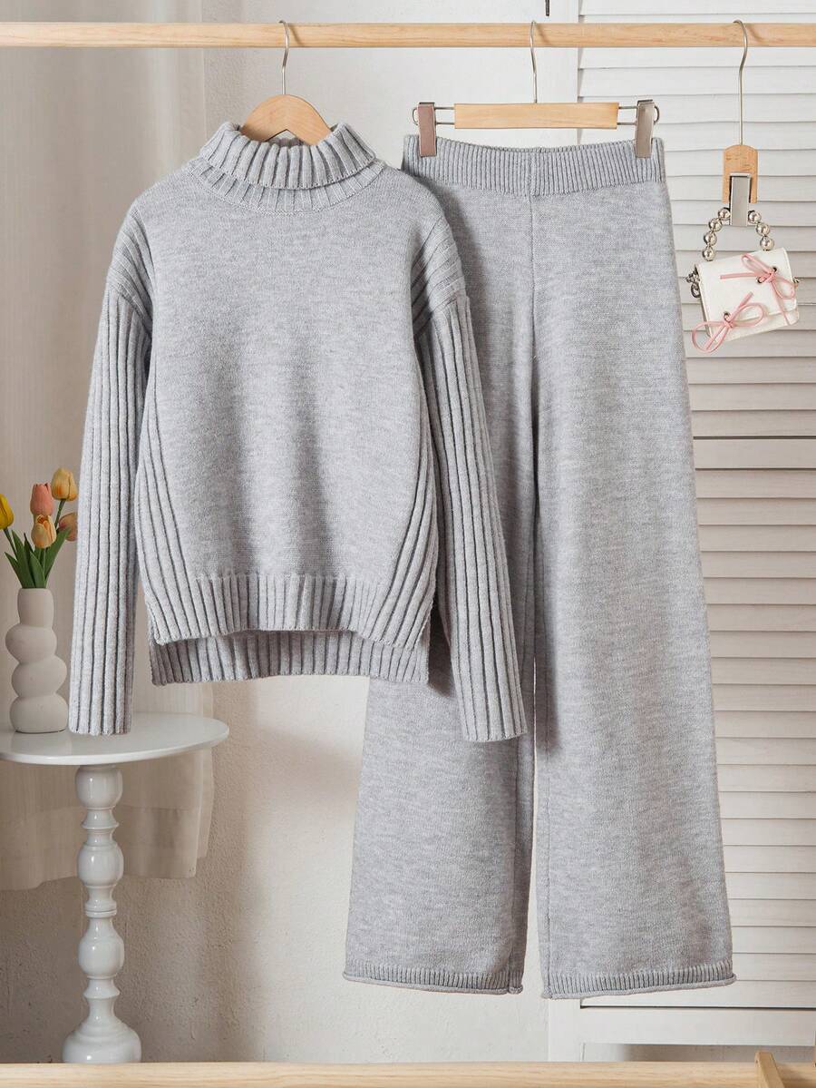 SHEIN Teen Girl Solid Color High Neck Drop Shoulder Long Sleeve Sweater And Wide Leg Pants Casual Suit,Blue,Autumn,Graduation,Back-To-School Knit Two Piece - Grey - View 1