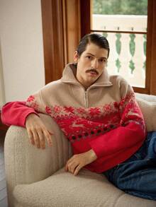 RivetRise Men's Deer & Snowflake Pattern Zip-Up Casual Sweater, Autumn/Winter Knitwear Knit Male Sweater Graphic Men 90s Sweater Retro Men Sweater, Long Sleeve Top - Multicolor - View 6