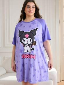 HELLO KITTY AND FRIENDS | SHEIN 大码夏季休闲卡通图案插肩袖睡裙 - 紫色 - 查看 4