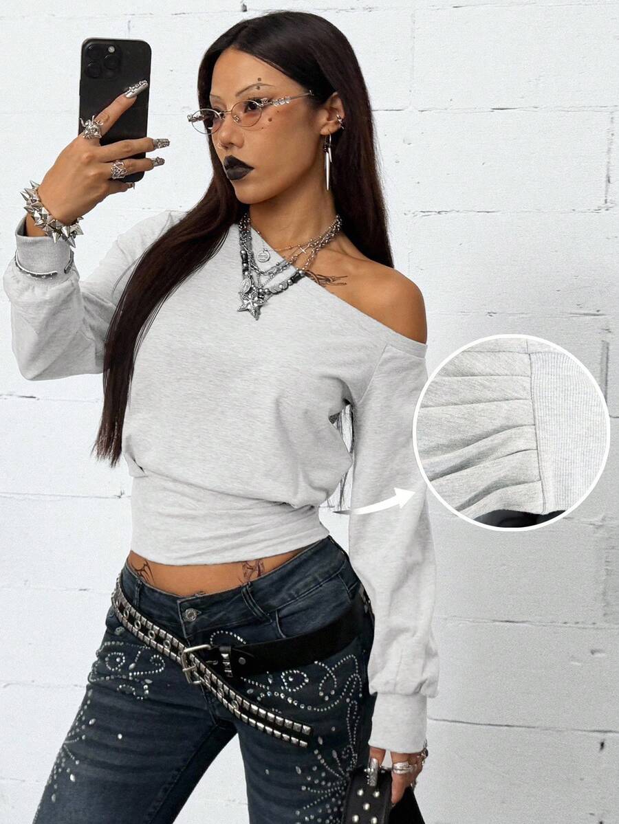 Coolane Women's Winter Clothes Streetwear Going Out Minimalist Daily Wear Essentials Fashion Asymmetrical Neck Grey Fitted Sweatshirt - Light Grey - View 1