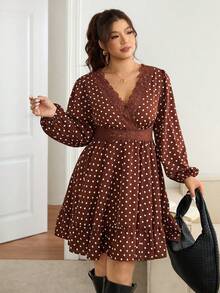 Lounesse Plus Size Elegant Commuter Polka Dot & Lace Patchwork Dress Romantic - Multicolor - View 4