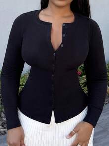 Alexandranx 罗纹纽扣长袖圆领上衣休闲度假机场假日秋季返校秋季冬季圣诞节 - 黑色 - 查看 3