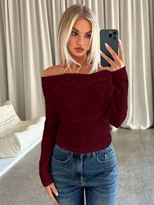Aloruh Women's Casual Elegant Off-Shoulder Fitted Long Sleeve T-Shirt Christmas - Burgundy - View 6