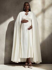 Cheriluna Maternity Maternity Elegant Cape Dress Photoshoot Outfit Set - Apricot - View 5