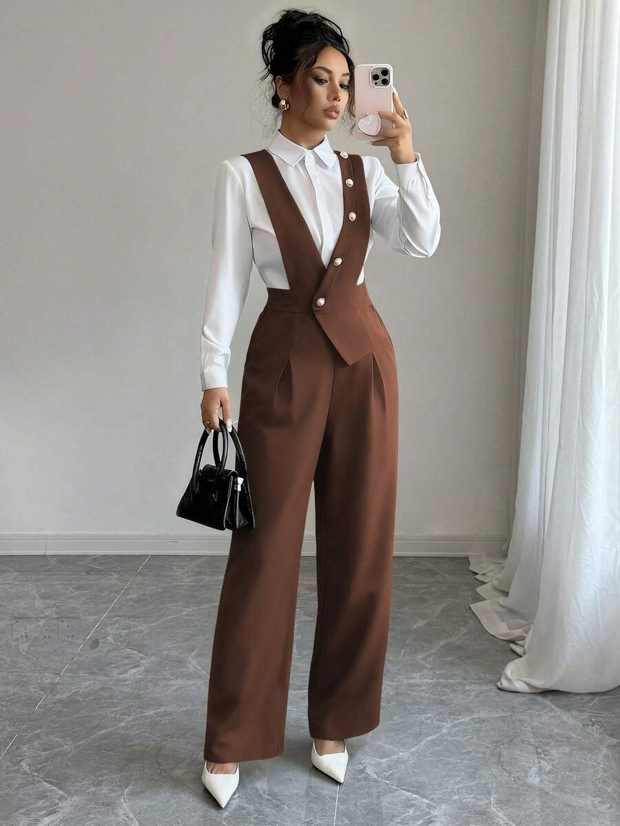 Elenzga Women's New Casual Wide Leg Jumpsuit, Black - Brown - View 1