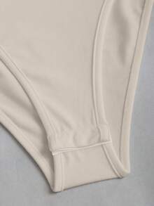 Sweetra Women's Solid Color Casual Asymmetric Shoulder Metal Decor Ruched Bodysuit, Suitable For Spring And Autumn - Apricot - View 7