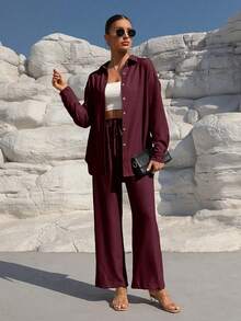 SHEIN LUNE Women's Solid Color Drop Shoulder Long Sleeve Single-Breasted Shirt And Pants Casual 2 Pieces Set - Red - View 5