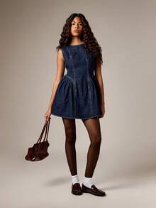 AiiRZ Sleeveless Denim Mini Dress With Fit And Flare Silhouette Perfect For Casual Summer Occasions - Dark Wash - View 7