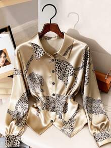 Franclia Áo sơ mi nữ tay dài cài nút họa tiết da báo satin thanh lịch, thoải mái và bóng bẩy, thích hợp mặc khi đi làm hàng ngày, đi làm, đi hòa nhạc, tiệc tùng, mặc trong nhà và ngoài trời, mùa xuân/thu - Nhiều màu - Xem 1