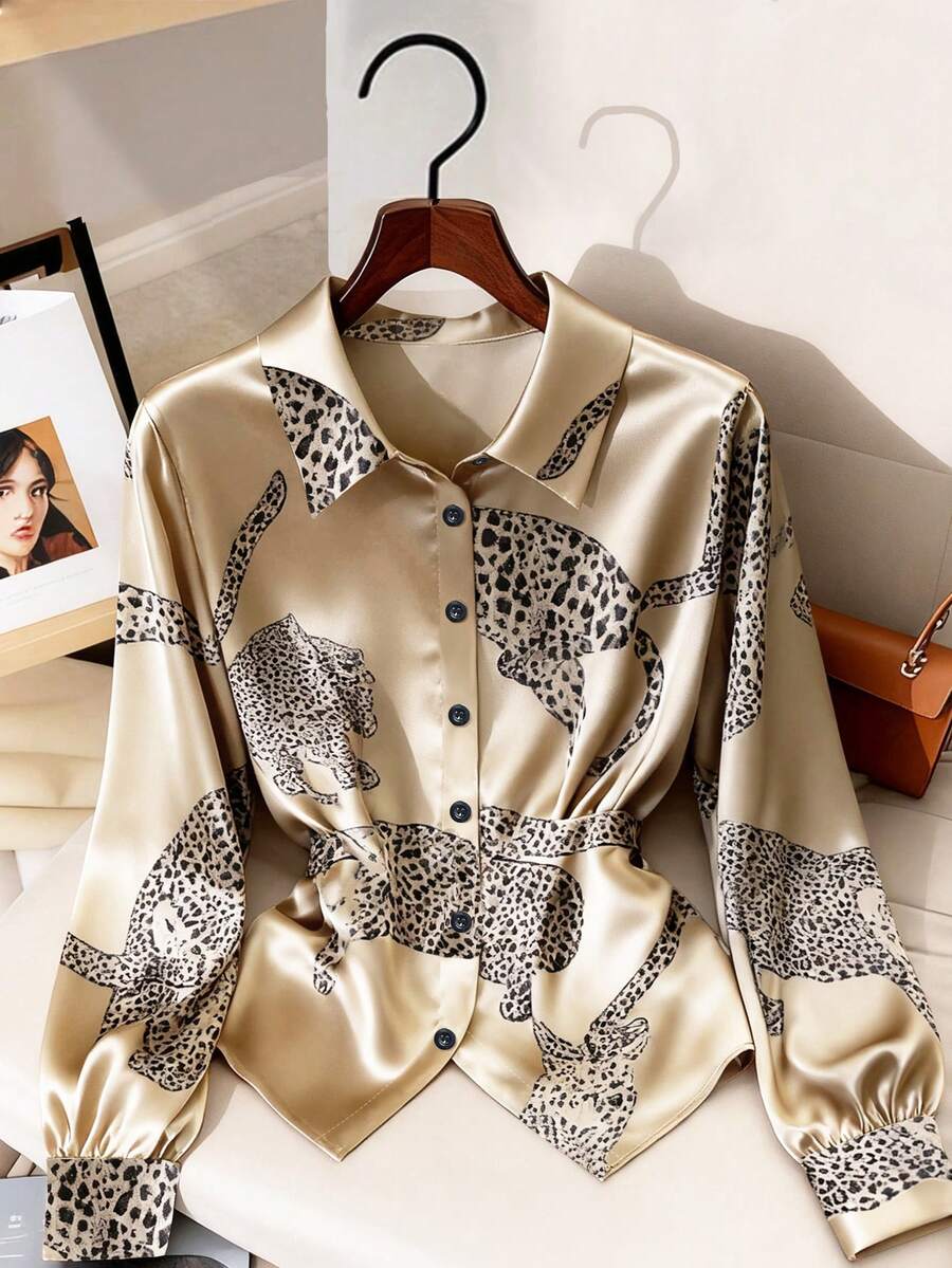 Franclia Áo sơ mi nữ tay dài cài nút họa tiết da báo satin thanh lịch, thoải mái và bóng bẩy, thích hợp mặc khi đi làm hàng ngày, đi làm, đi hòa nhạc, tiệc tùng, mặc trong nhà và ngoài trời, mùa xuân/thu - Nhiều màu - Xem 1