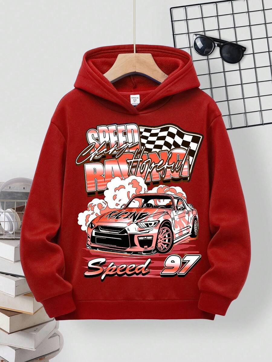 Tween Boy Casual Minimalist Cartoon Vintage Car Pattern Loose Fit Long Sleeve Sweatshirt, Suitable For Autumn/Winter - Red - View 1
