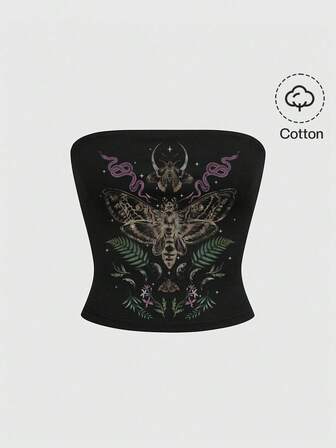 Große Größen Frauen Gothic Mystischer Wald Hexe Motte Schmetterling Pflanze Sonne Mond Stern Schwarz Bandeau-Top