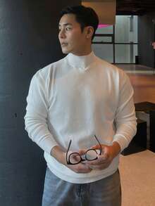 DAZY 男士修身纯白色高领毛衣，秋季 - 白色 - 查看 1