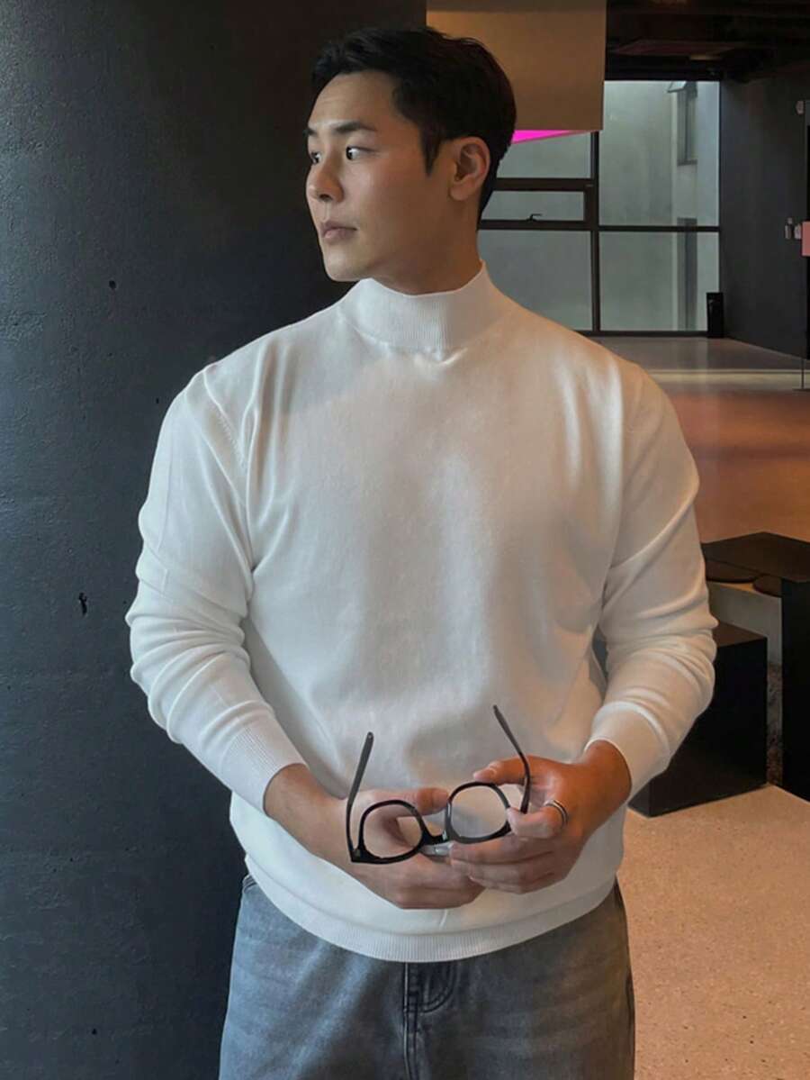 DAZY 男士修身纯白色高领毛衣，秋季 - 白色 - 查看 1