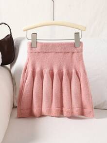 SHEIN Dziewczęcy sweterek dzianinowy i spódnica w kształcie litery A, urocza kokardka, elegancki, minimalistyczny styl akademicki, ciepły i wygodny do noszenia na co dzień, jesień/zima - Różowy - Zobacz 2