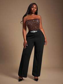 Radiana Plus Rhinestone Detail Tube Bodysuit - Coffee Brown - View 6