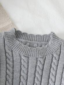 Vestido de suéter de manga larga con cuello con volantes y cuerda trenzada para niñas bebés, cómodo para otoño/invierno, color albaricoque, de moda y versátil para uso diario, en casa, al aire libre, viajes - Gris - Ver 3
