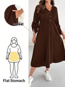 SHEIN Essnce Plus Size Women's Spring And Autumn Fashion Casual Loose Comfortable Daily V-Neck Textured Fabric Waist Black Long Sleeve Mid-Length Dress With Pockets,Fall Outfits,Church Clothes For Women - Coffee Brown - View 1