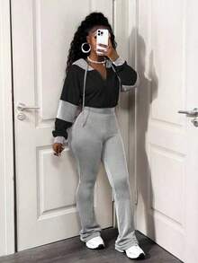 BamGleam Bộ 2 món áo hoodie dài tay có dây rút màu tương phản và quần ống loe thường ngày cho nữ - màu đen - Xem 5