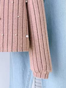 SHEIN 青少年女孩针织毛绒罗纹铆钉圆领宽松休闲长袖 T 恤 - 粉色 - 查看 6