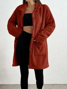 SHEIN Tall Front Pocket And Button Detailed Hooded Very Cozy And Soft Faux Fur Women Coat - Redwood - View 3