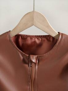 Tween Girl Casual PU Leather Zip-Up Round Neck Puff Sleeve Jacket, Autumn - Brown - View 3