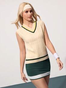 CourtClass Áo len nữ cổ chữ V không tay, phối màu tương phản, dáng regular fit, thích hợp mặc đi sân golf hoặc sân tennis. - Màu be - Xem 5