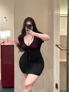 Vibekara Plus Size Women Leopard Print Patchwork Sexy Bodycon Dress - Purple - View 4