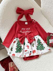 Playful Pals Baby Girl Christmas Letter, Christmas Tree, Santa Claus Print Bow Decor Romper Dress + Headband, Autumn/Winter