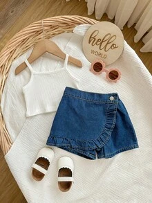 SHEIN Baby Girl Cute Soft Knitted Solid Color Basic Camisole Top With Asymmetric Ruffle Hem & Casual Denim Skirt Shorts Set - Multicolor - View 4