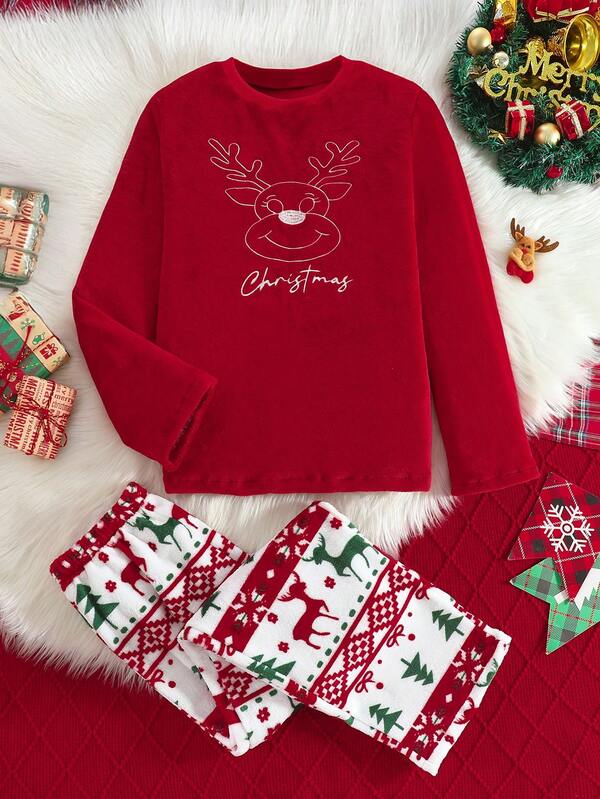 2 piezas Conjunto de pijama con temática navideña para adolescentes varones, con patrón lindo de renos que muestra el ambiente festivo, casual, de moda, cómodo con top de manga larga y pantalones, para otoño/invierno