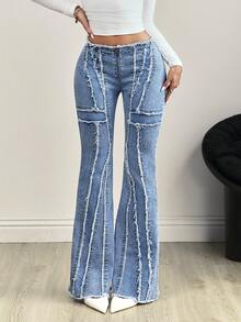 SHEIN Tall 高腰交叉磨边拼接水洗时尚修身喇叭牛仔裤 - 淺色水洗藍 - 查看 1