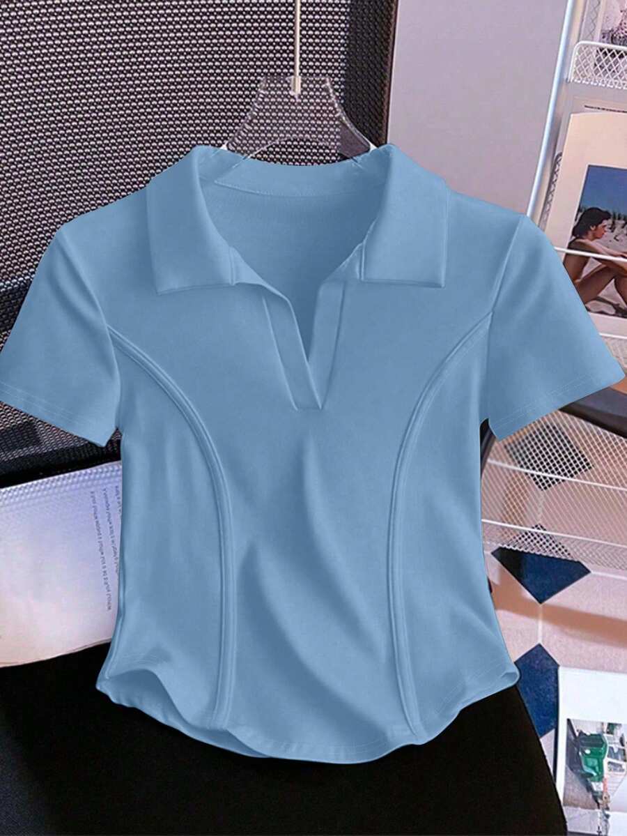 Resyla 女式纯色 Polo 领短袖休闲百搭 T 恤 - 淺藍色 - 查看 1