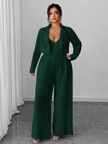 Elenzga Bộ 2 món áo khoác blazer công sở thanh lịch tối giản dành cho nữ cỡ lớn kèm áo liền quần ống rộng không tay thắt eo - Màu xanh lá cây đậm - Xem 3