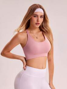Gameset SHEIN Sport 女士纯色交叉后背设计日常健身运动文胸 - 粉色 - 查看 4