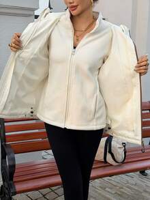 DAZY 女士纯色长袖拉链抽绳连帽休闲常规夹克女外套 - 米色 - 查看 9