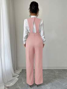 Elenzga 女式新款休闲阔腿连体裤，黑色 - 粉色 - 查看 2