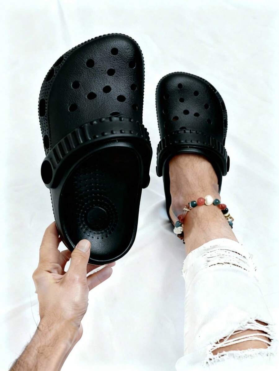 Zuecos masculinos de EVA transpirable, punta redonda sin cordones, suela plana, estilo casual para playa y hogar - Negro - Ver 1